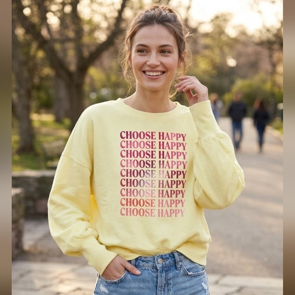 NWT Old Navy Womens Yellow Choose Happy Graphic Cozy Sweatshirt - Size Large